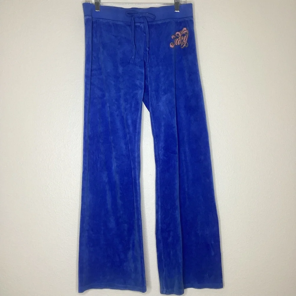 Juicy Couture Blue Velour Wide Leg Track Pants USA Lg - Picture 1 of 8